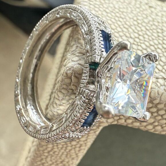 Large Princess Cut CZ Ring with Blue Accent Stones – Size 8 Bold Glam Look - Picture 11 of 17